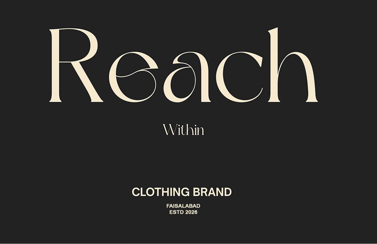 A minimalist graphic with the word 'Reach' in large cream serif letters on a dark charcoal background, with smaller text reading 'Within' and 'CLOTHING BRAND' below.