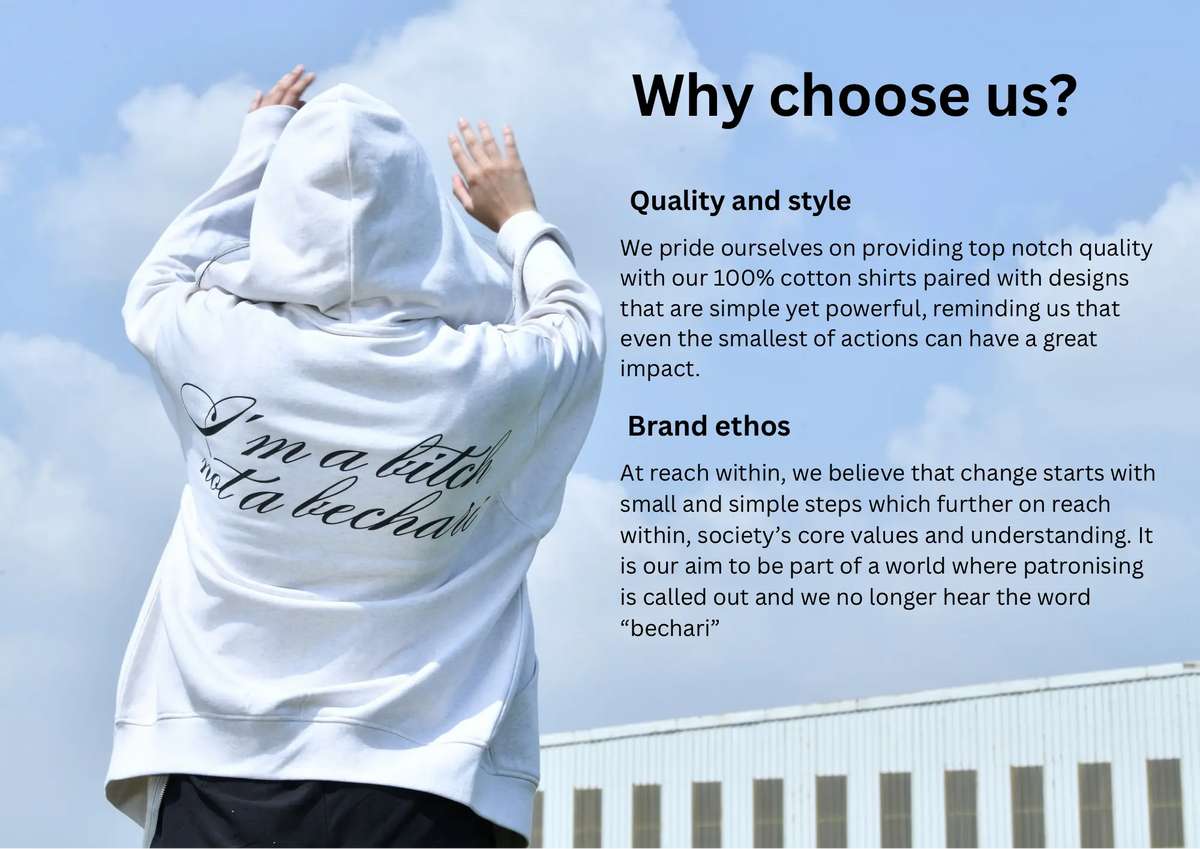 A person wearing a white hoodie with the word 'bechain' printed in black script across the back, photographed outdoors against a blue sky. Large text on the right reads 'Why choose us?' with paragraphs about quality and brand ethos.